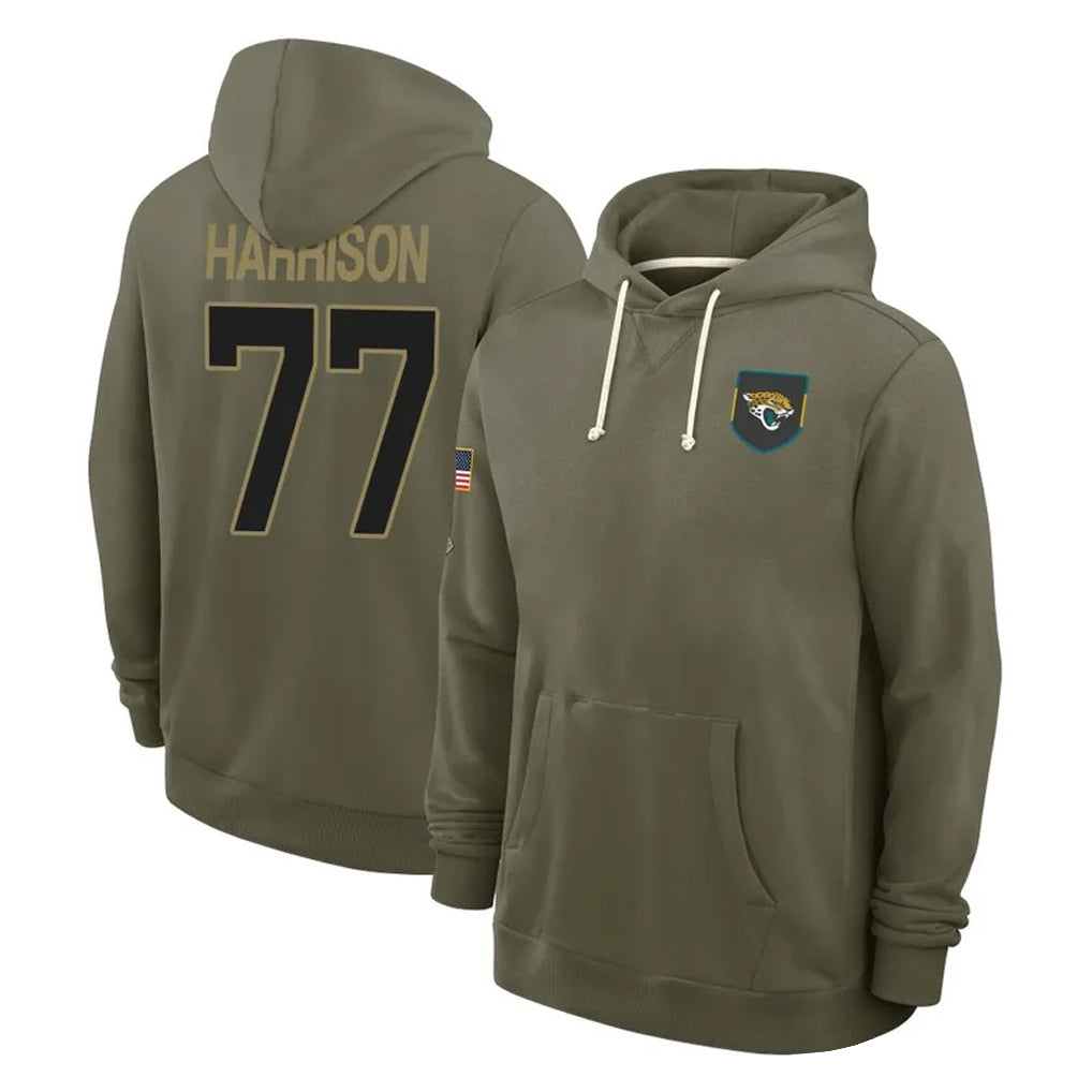 J.Jaguars #77 Anton Harrison Player Olive Salute to Service Pullover Hoodies Limited CAdoa Stitched Jerseys