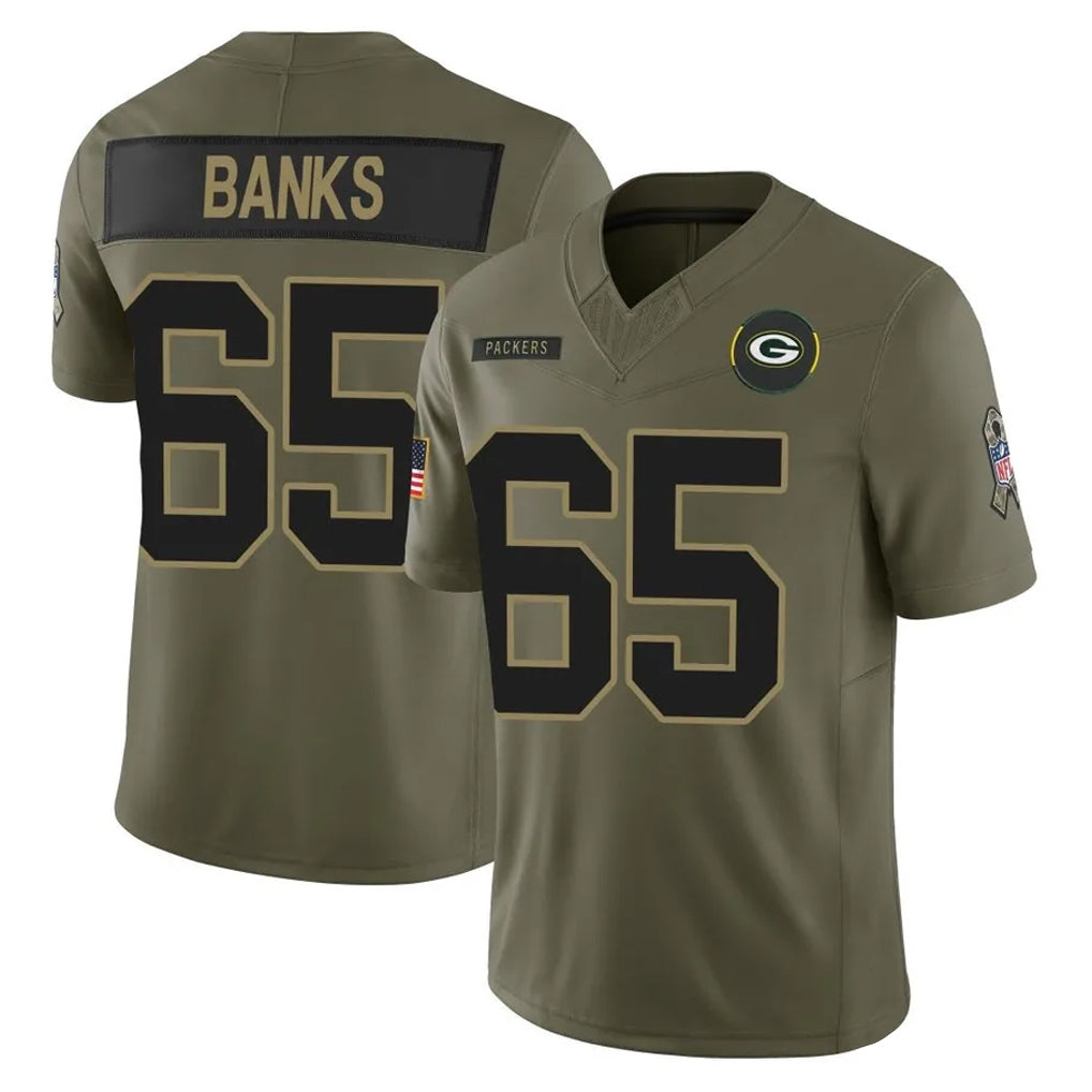GB.Packers #65 Aaron Banks Player Olive 2025 Salute To Service Limited Home Game CAdoa Stitched Jerseys