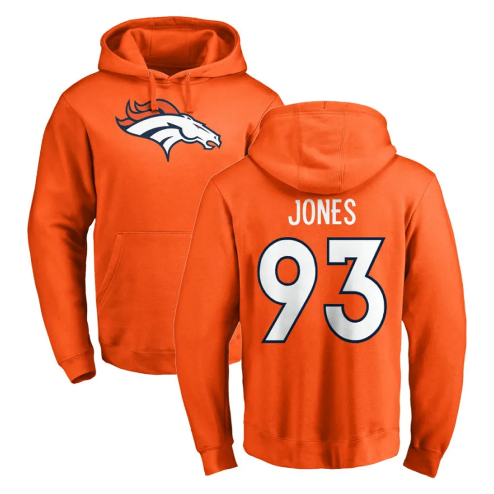 D.Broncos #93 D.J. Jones Player Orange Pullover Hoodie Limited CAdoa Stitched Jerseys