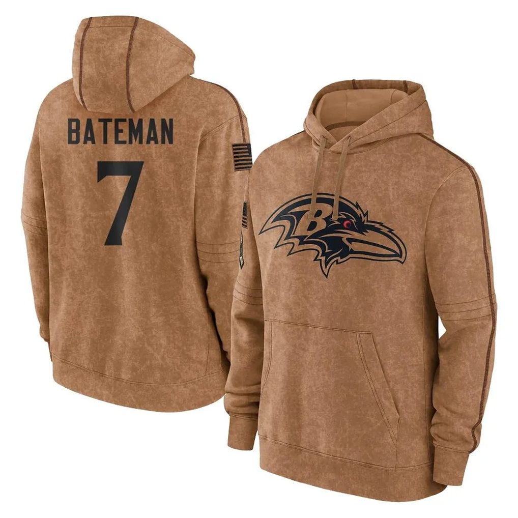 B.Ravens #7 Rashod Bateman Player Brown Salute to Service Pullover Hoodie CAdoa Stitched Jerseys
