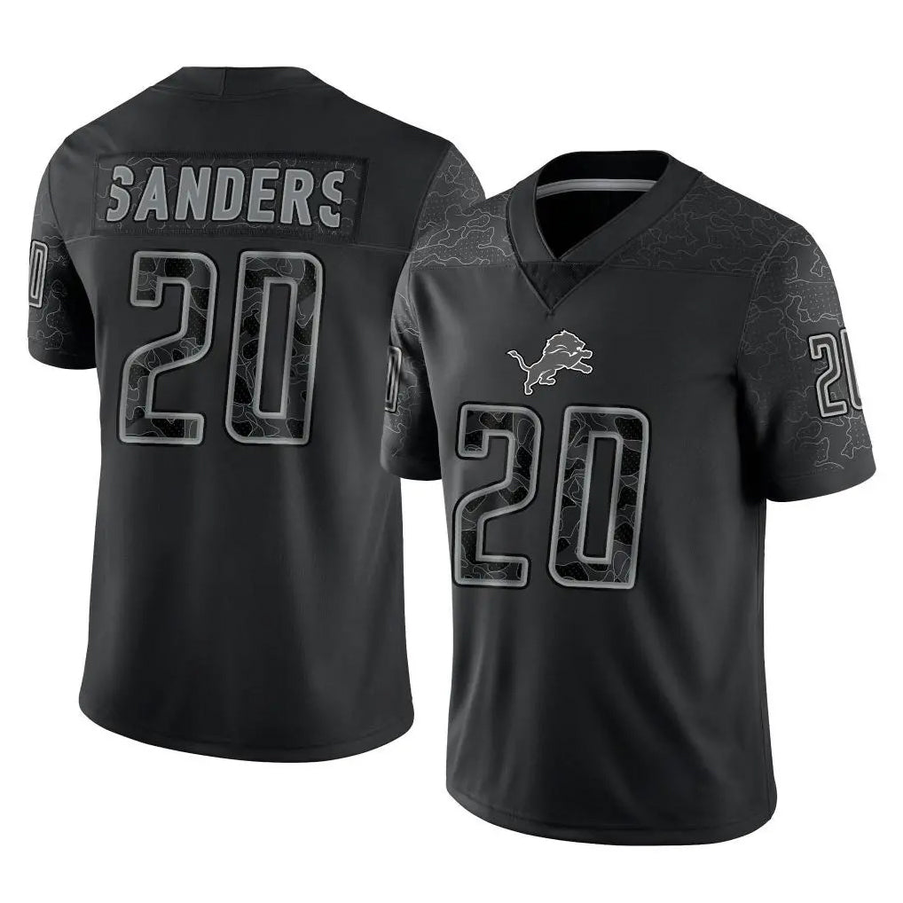 D.Lions #20 Barry Sanders Player Black Reflective Limited Home Game CAdoa Stitched Jerseys