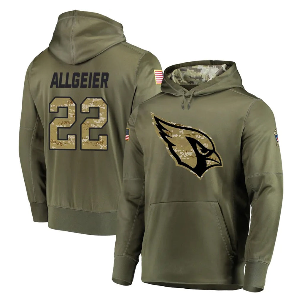 A.Cardinals #22 Tyler Allgeier Player Olive Salute to Service Pullover Hoodie Home Game CAdoa Stitched Jerseys