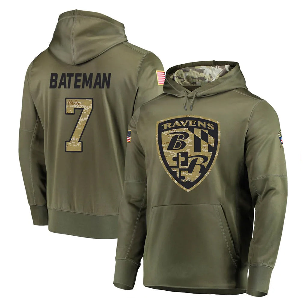 B.Ravens #7 Rashod Bateman Player Olive Salute to Service Pullover Hoodie CAdoa Stitched Jerseys