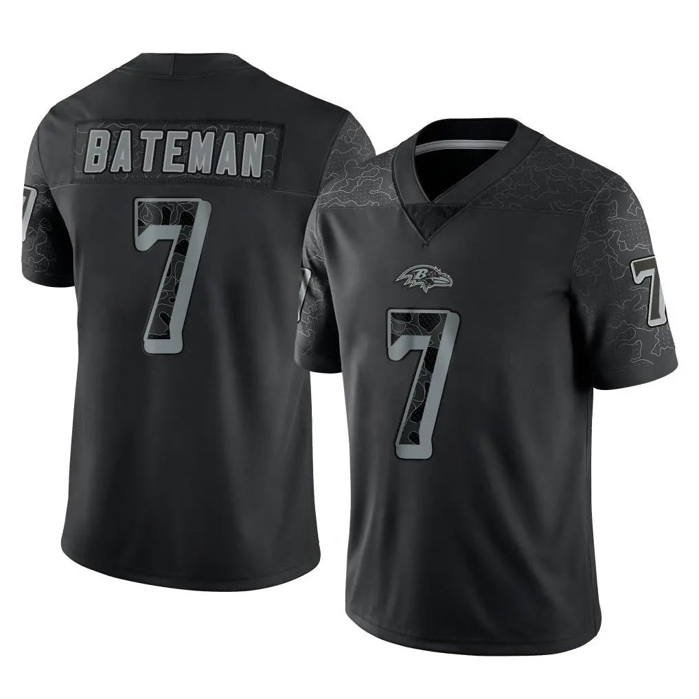 B.Ravens #7 Rashod Bateman Player Black REFLECTIVE Limited CAdoa Stitched Jerseys