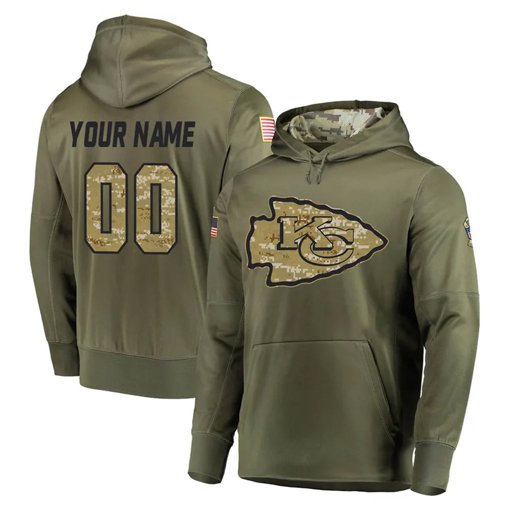 Custom KC.Chiefs Olive Salute to Service Pullover Hoodies Home Game Any Name & Numbers CAdoa Stitched Jerseys