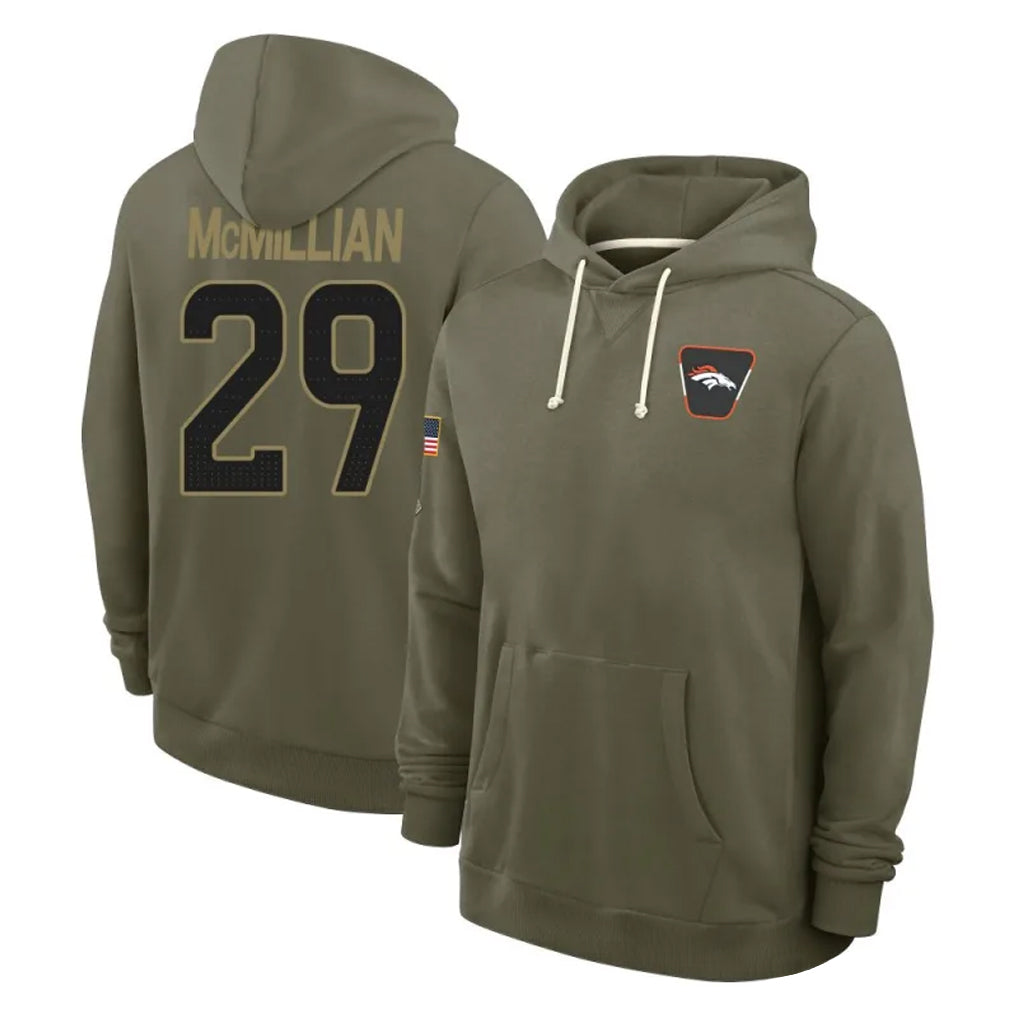 D.Broncos #29 Ja'Quan McMillian Player Olive Salute to Service Pullover Hoodies Limited CAdoa Stitched Jerseys