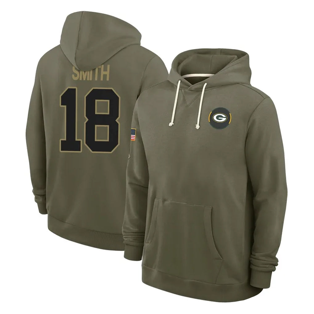 GB.Packers #18 Jonnu Smith Player Olive Salute to Service Pullover Hoodies Limited CAdoa Stitched Jerseys