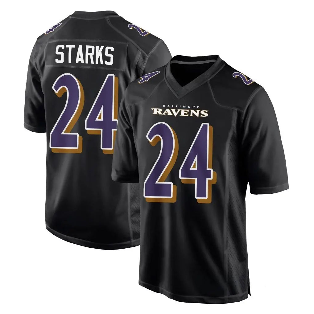 B.Ravens #24 Malaki Starks Player Black Carbon Fashion Home Game CAdoa Stitched Jerseys
