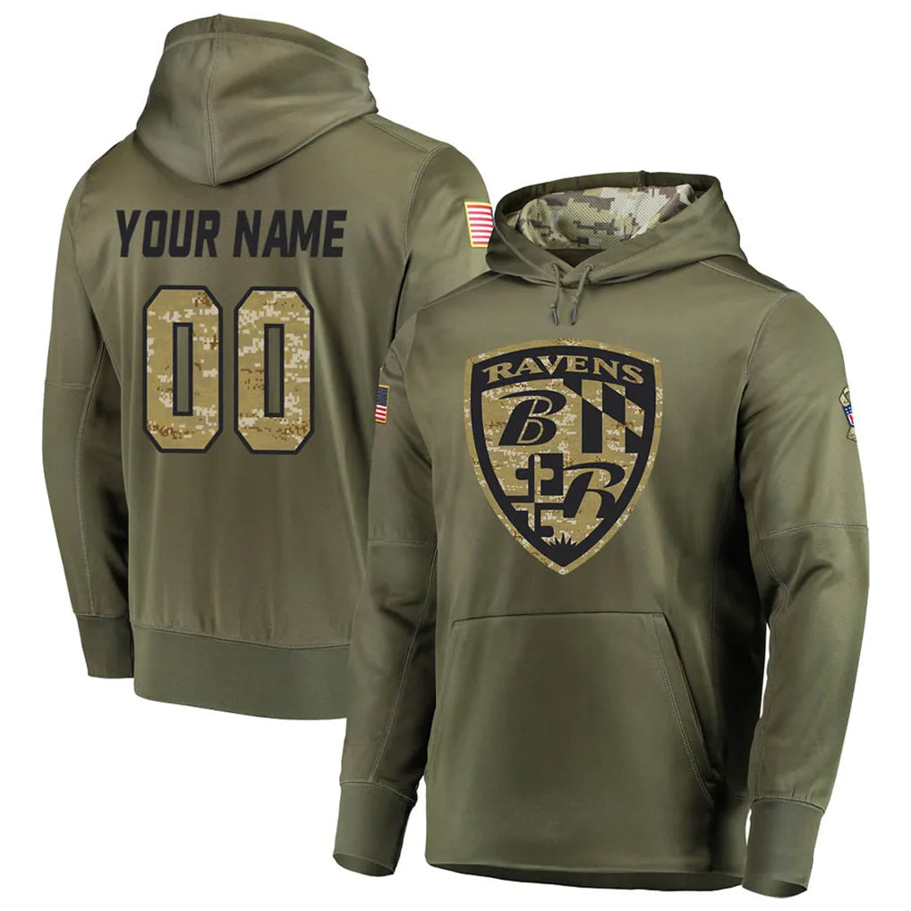 Custom B.Ravens Olive Salute to Service Pullover Hoodie Any Name & Numbers CAdoa Stitched Jerseys