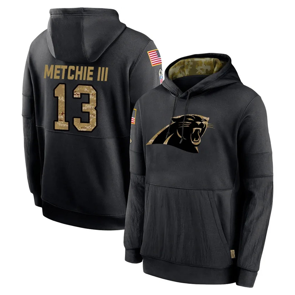 C.Panthers #13 John Metchie III Player Black Salute to Service Pullover Hoodies Limited Game CAdoa Stitched Jerseys