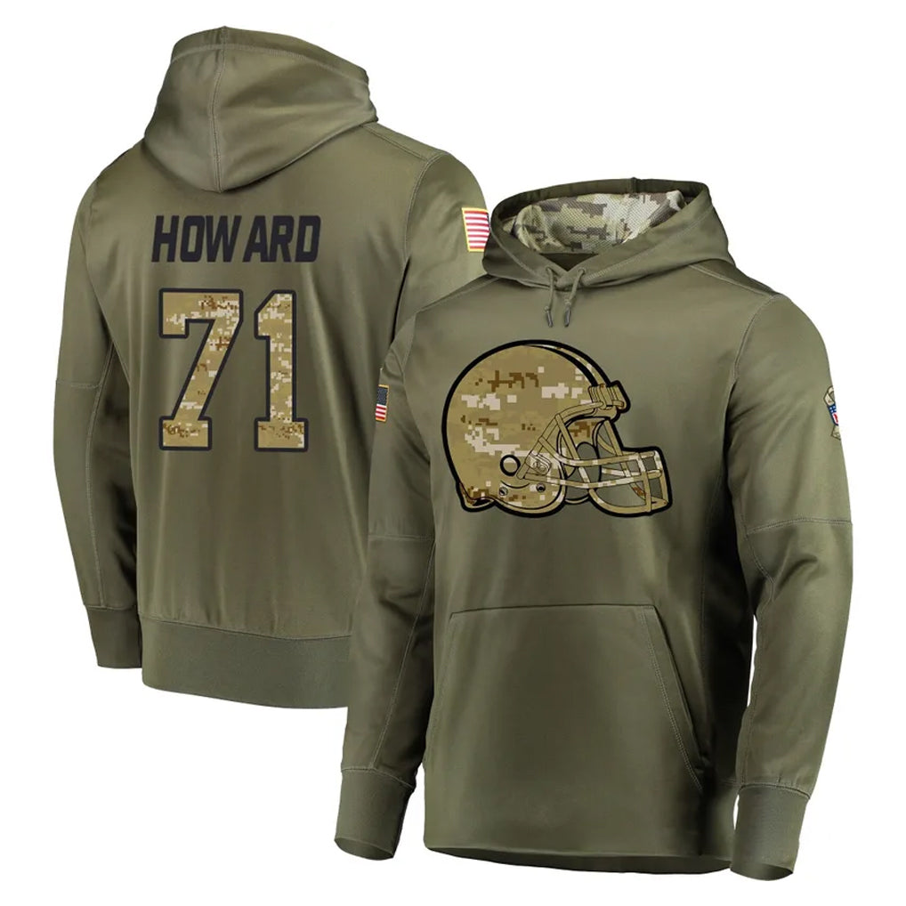 C.Browns #71 Tytus Howard Player Olive Salute to Service Pullover Hoodies Home Game CAdoa Stitched Jerseys