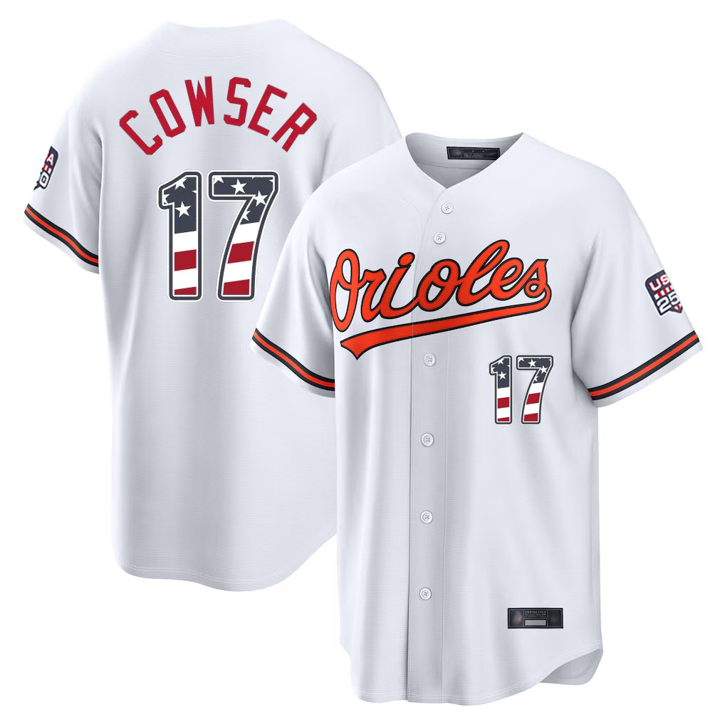 CAdoa B.Orioles #17 Colton Cowser Player White USA 250 Fourth of July Home Game Stitched Jerseys