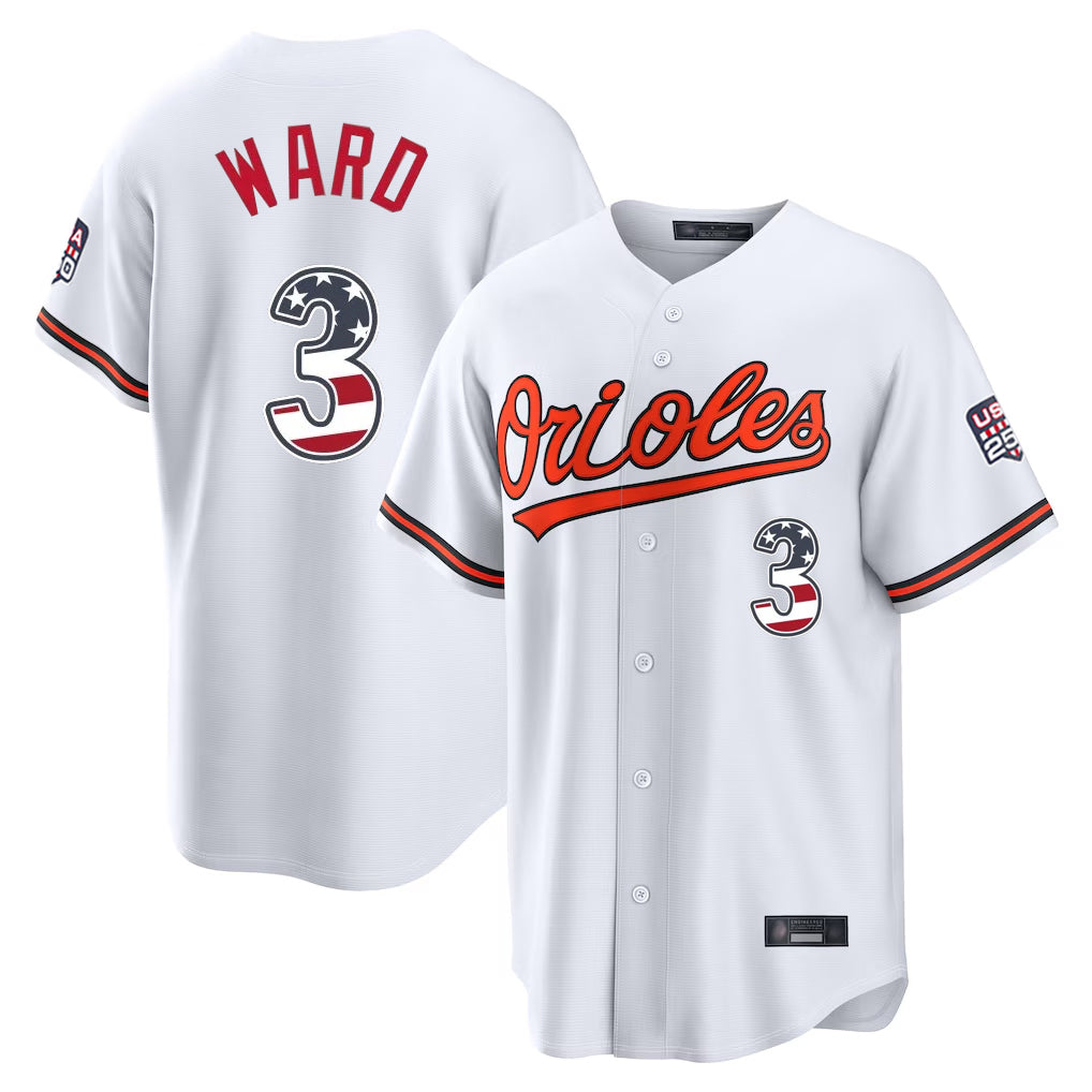 CAdoa B.Orioles #3 Taylor Ward Player White USA 250 Fourth of July Home Game Stitched Jerseys