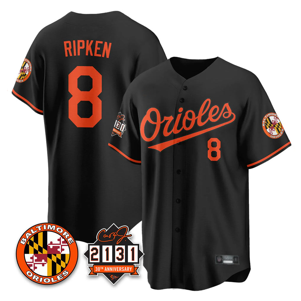 CAdoa B.Orioles #8 Cal Ripken Player Black 30th Anniversary of 2131 Home Game Stitched Jerseys