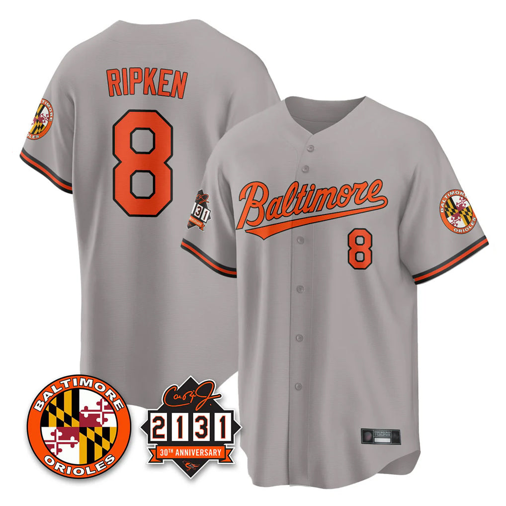 CAdoa B.Orioles #8 Cal Ripken Player Gray 30th Anniversary of 2131 Home Game Stitched Jerseys