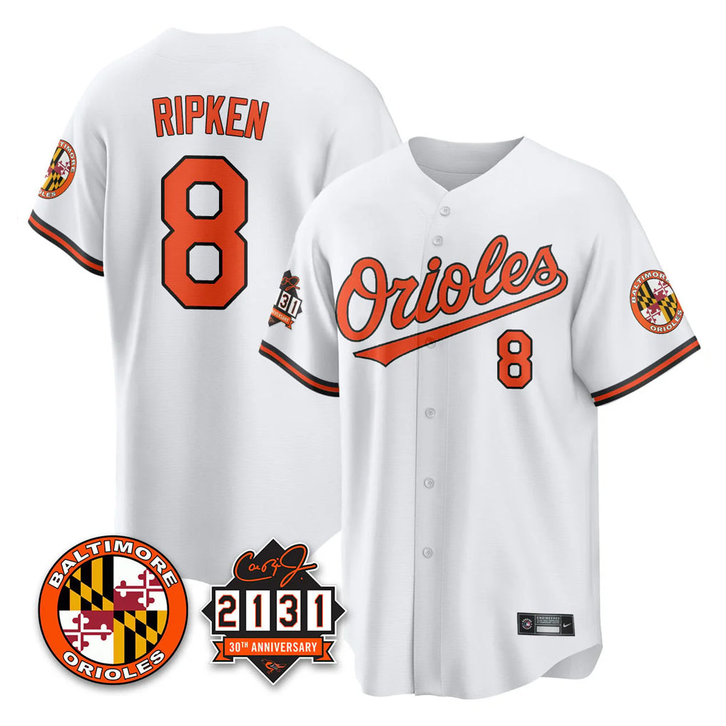 CAdoa B.Orioles #8 Cal Ripken Player White 30th Anniversary of 2131 Home Game Stitched Jerseys