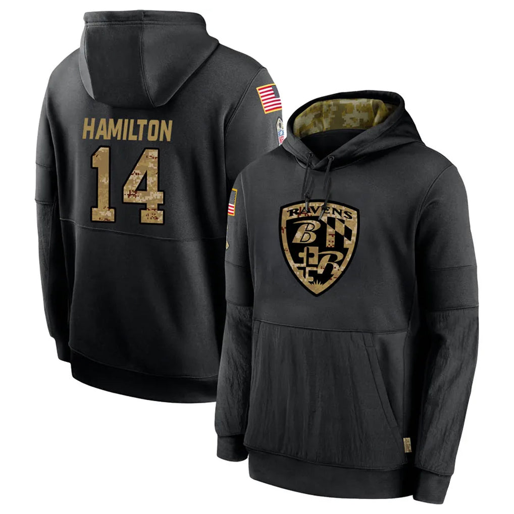 CAdoa B.Ravens #14 Kyle Hamilton Player Black Salute to Service Pullover Hoodie Stitched Jerseys