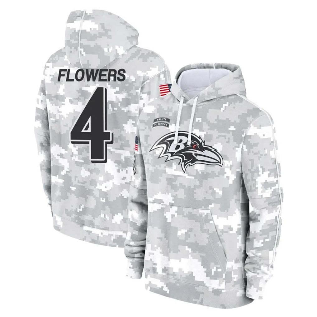 CAdoa B.Ravens #4 Zay Flowers Player Arctic Camo Salute to Service Pullover Hoodie Stitched Jerseys