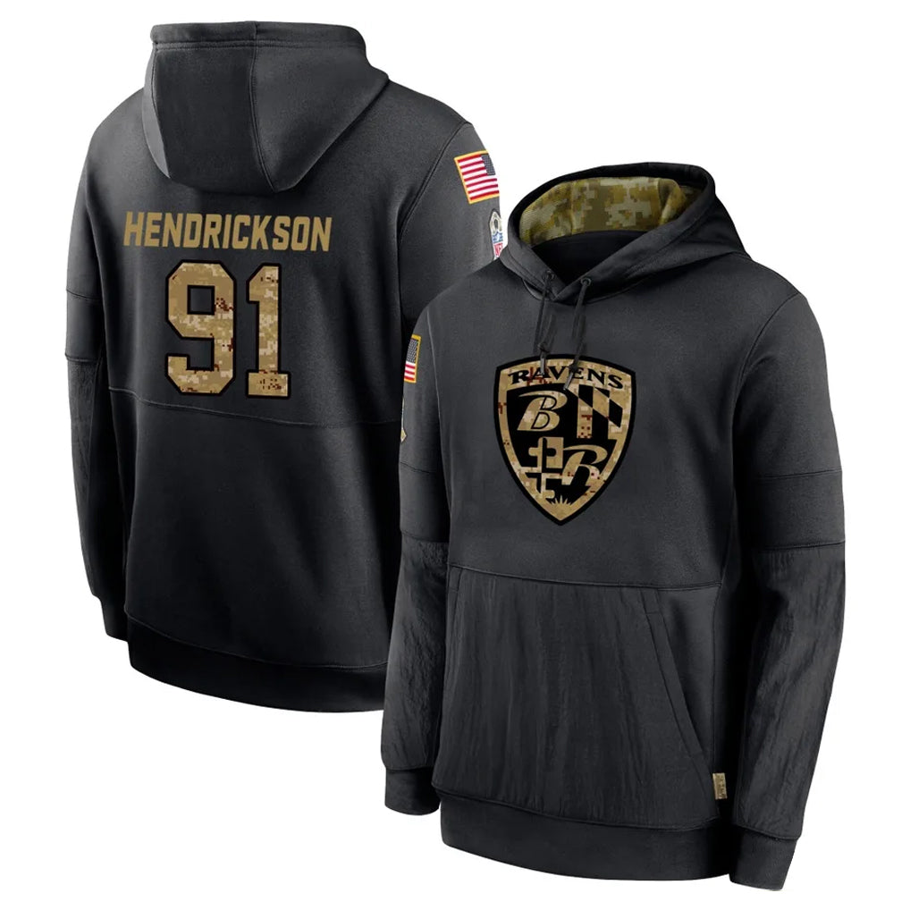 CAdoa B.Ravens #91 Trey Hendrickson Player Black Salute to Service Pullover Hoodie Stitched Jerseys