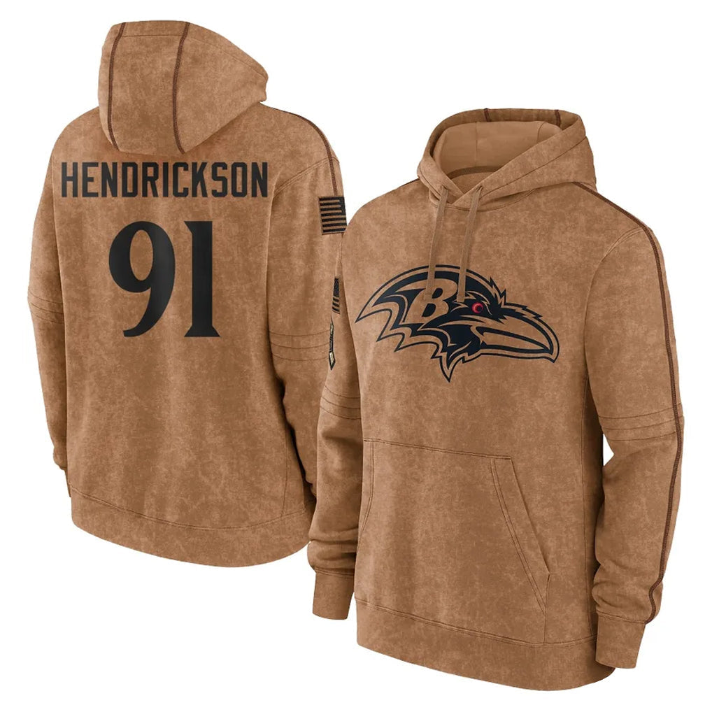 CAdoa B.Ravens #91 Trey Hendrickson Player Brown Salute to Service Pullover Hoodie Stitched Jerseys