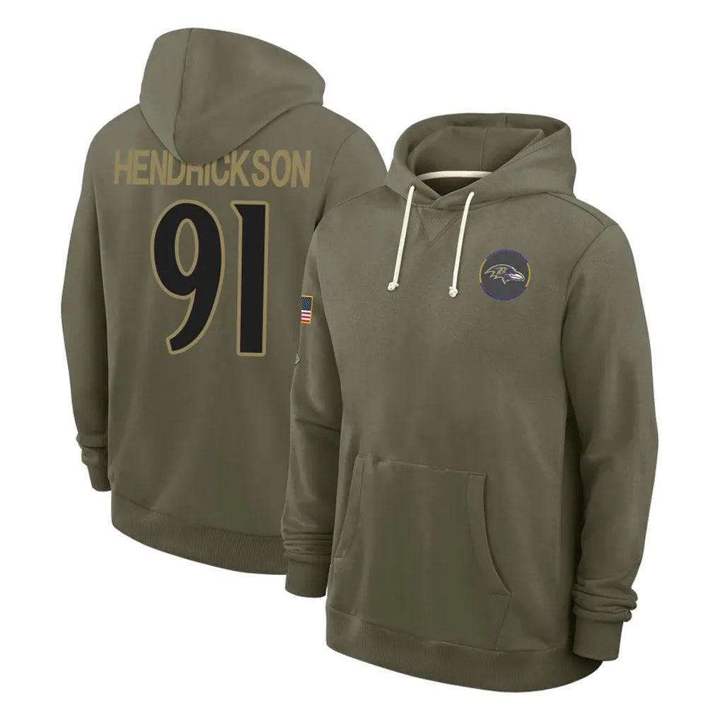 CAdoa B.Ravens #91 Trey Hendrickson Player Olive Salute to Service Hoodie Stitched Jerseys