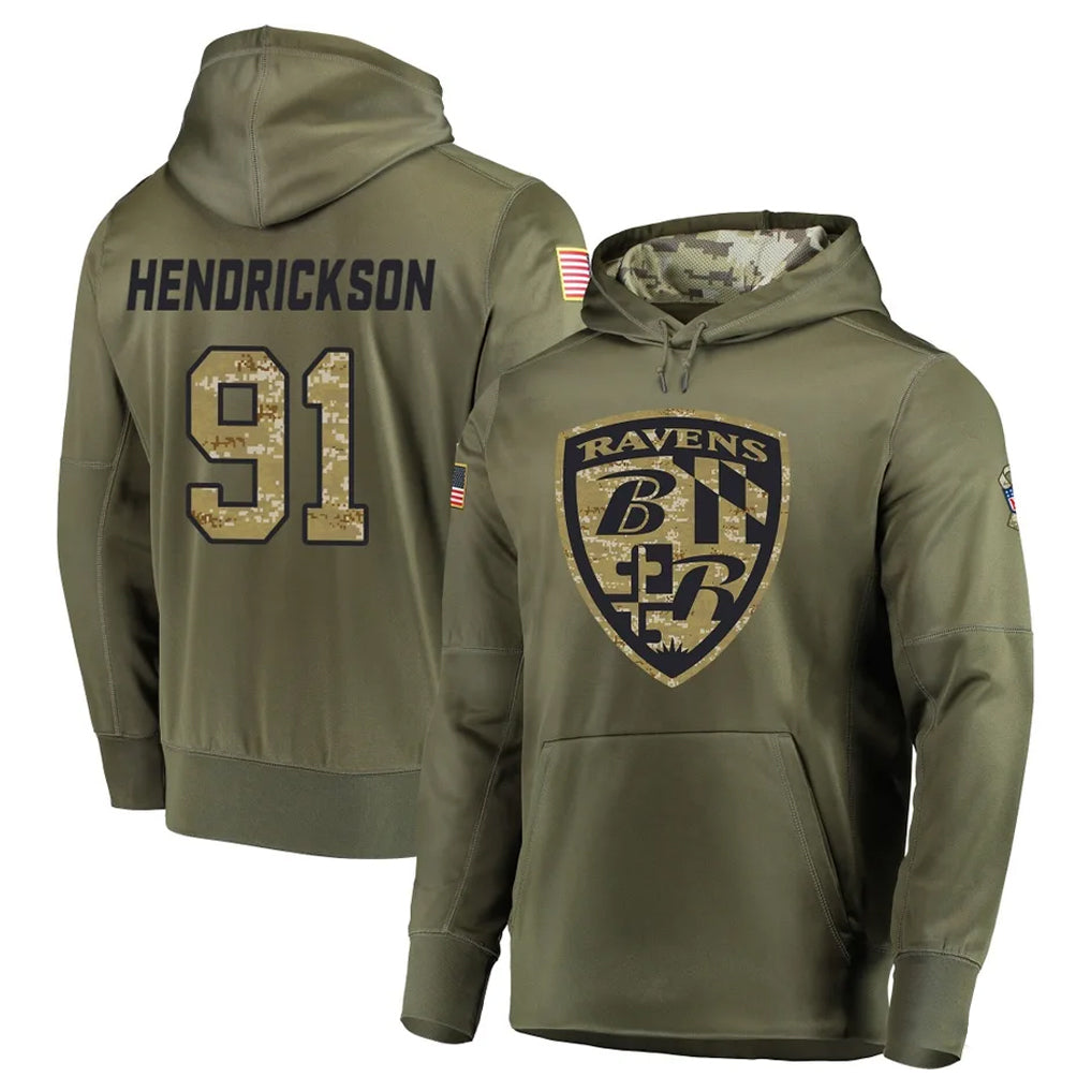 CAdoa B.Ravens #91 Trey Hendrickson Player Olive Salute to Service Pullover Hoodie Stitched Jerseys