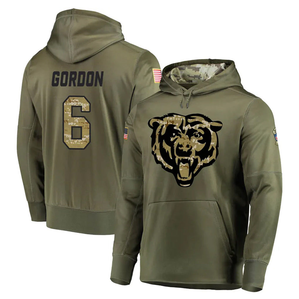 CAdoa C.Bears #6 Kyler Gordon Player Olive Salute to Service Pullover Hoodies Home Game Stitched Jerseys