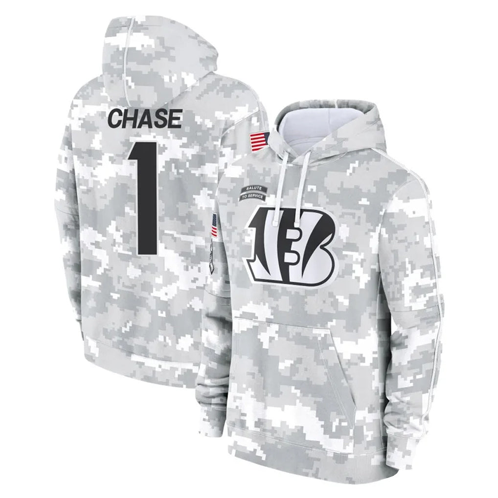 CAdoa C.Bengals #1 Ja'Marr Chase Player Arctic Camo Salute to Service Pullover Hoodie Limited Stitched Jerseys