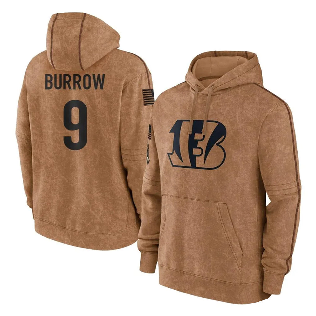 CAdoa C.Bengals #9 Joe Burrow Player Brown Salute to Service Pullover Hoodie Limited Stitched Jerseys