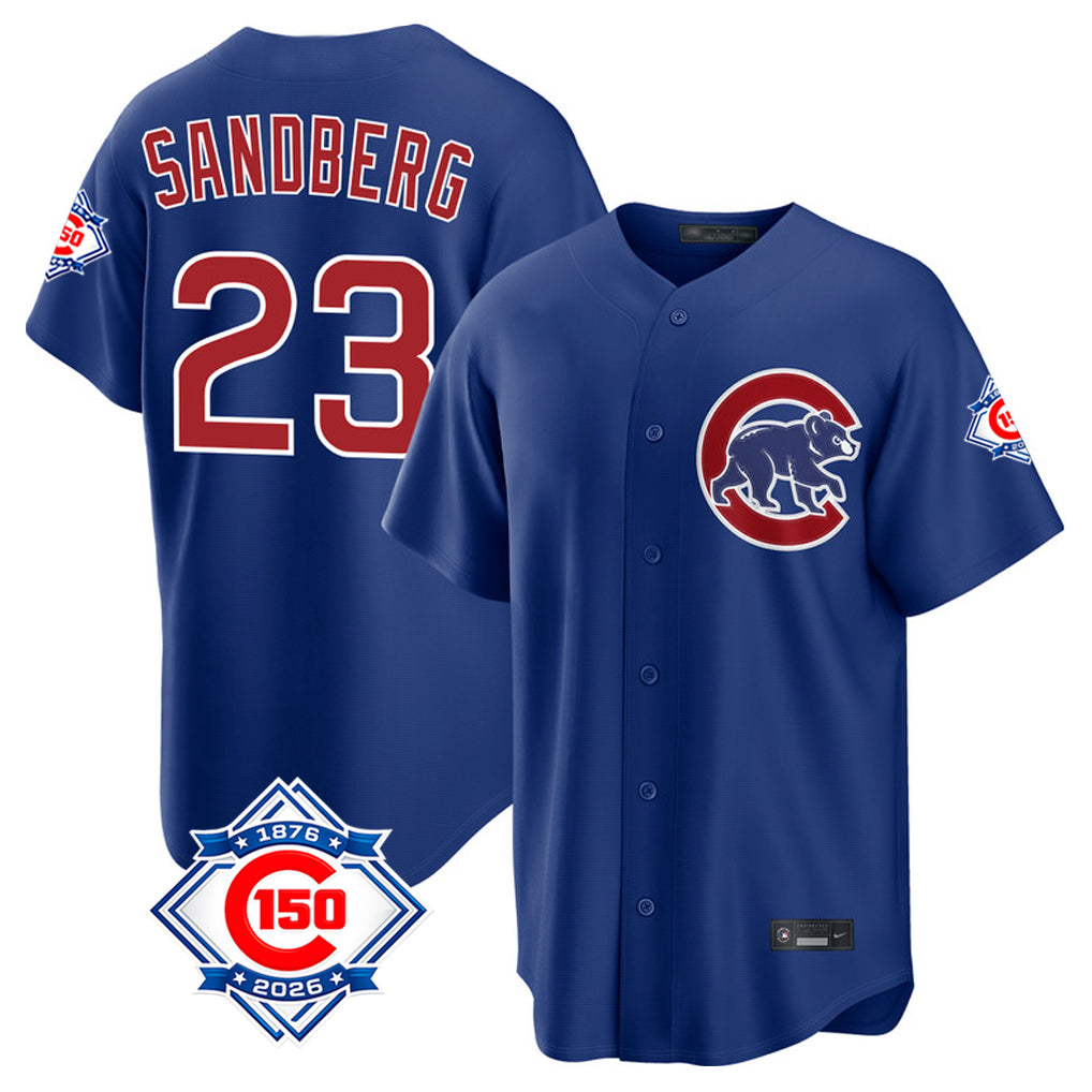 CAdoa C.Cubs #23 Ryne Sandberg Player Royal 150th Anniversary Home Game Stitched Jerseys