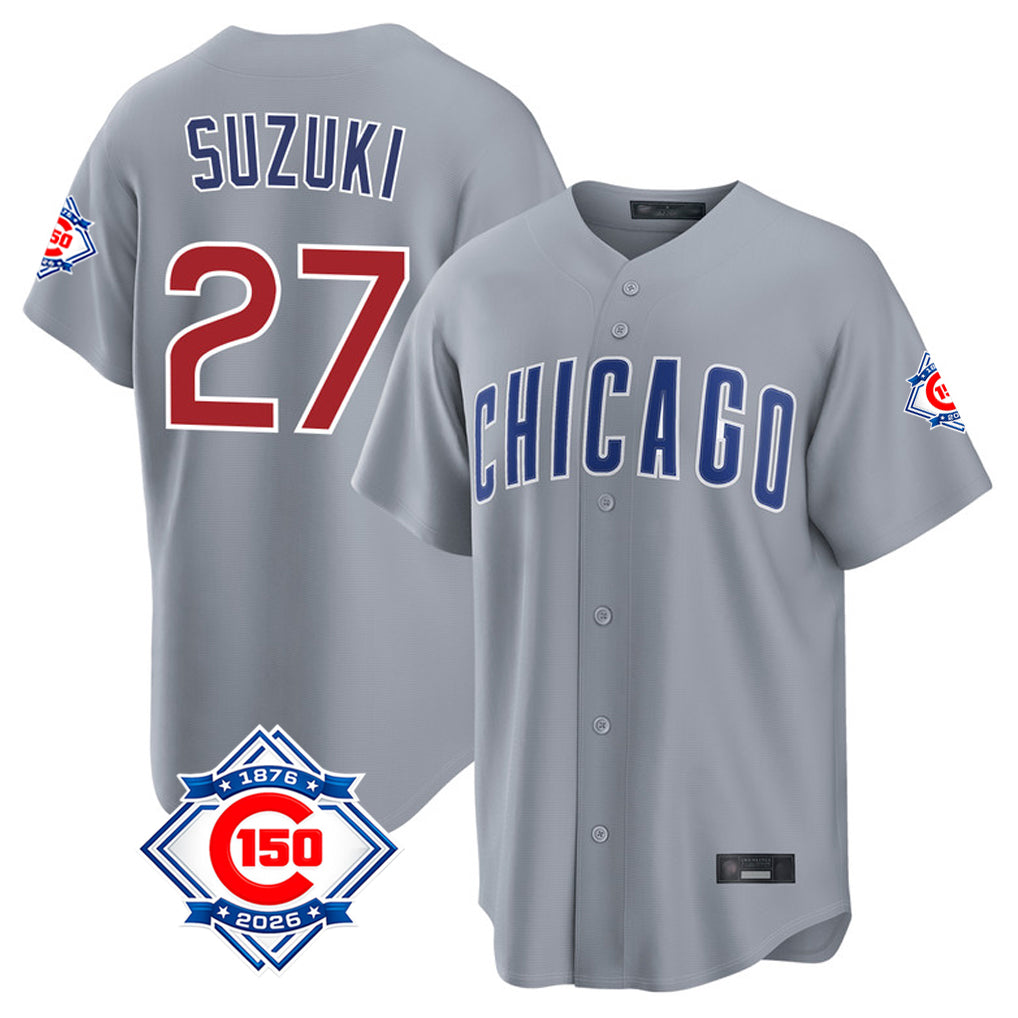 CAdoa C.Cubs #27 Seiya Suzuki Player Gray 150th Anniversary Home Game Stitched Jerseys