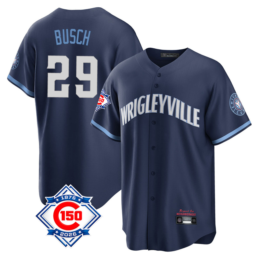 CAdoa C.Cubs #29 Michael Busch Player Navy 150th Anniversary City Connect Home Game Stitched Jerseys