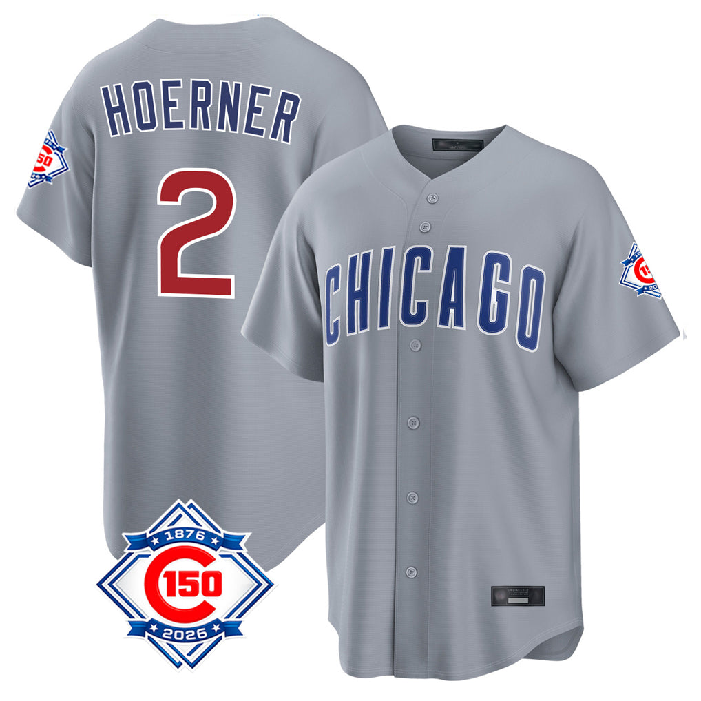 CAdoa C.Cubs #2 Nico Hoerner Player Gray 150th Anniversary Home Game Stitched Jerseys