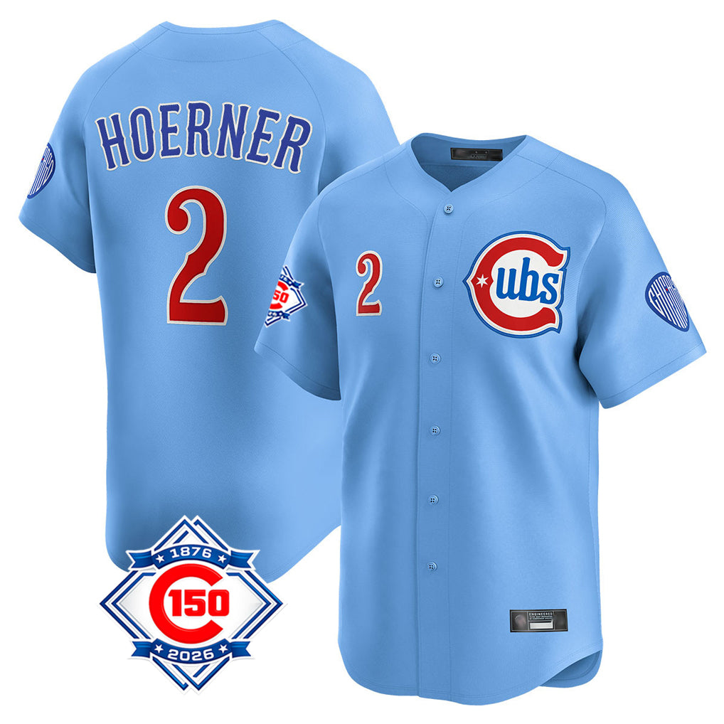 CAdoa C.Cubs #2 Nico Hoerner Player Light Blue 150th Anniversary Limited Home Stitched Jerseys