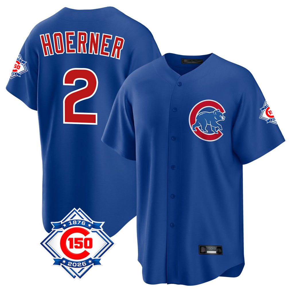 CAdoa C.Cubs #2 Nico Hoerner Player Royal 150th Anniversary Home Game Stitched Jerseys