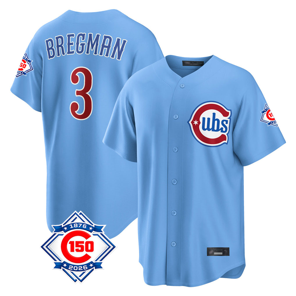 CAdoa C.Cubs #3 Alex Bregman Light Blue 150th Anniversary Home Game Stitched Jerseys
