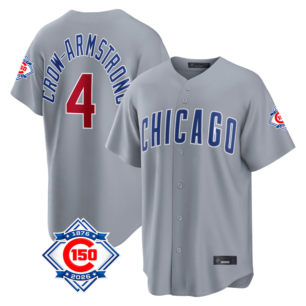 CAdoa C.Cubs #4 Pete Crow-Armstrong Player Gray 150th Anniversary Home Game Stitched Jerseys