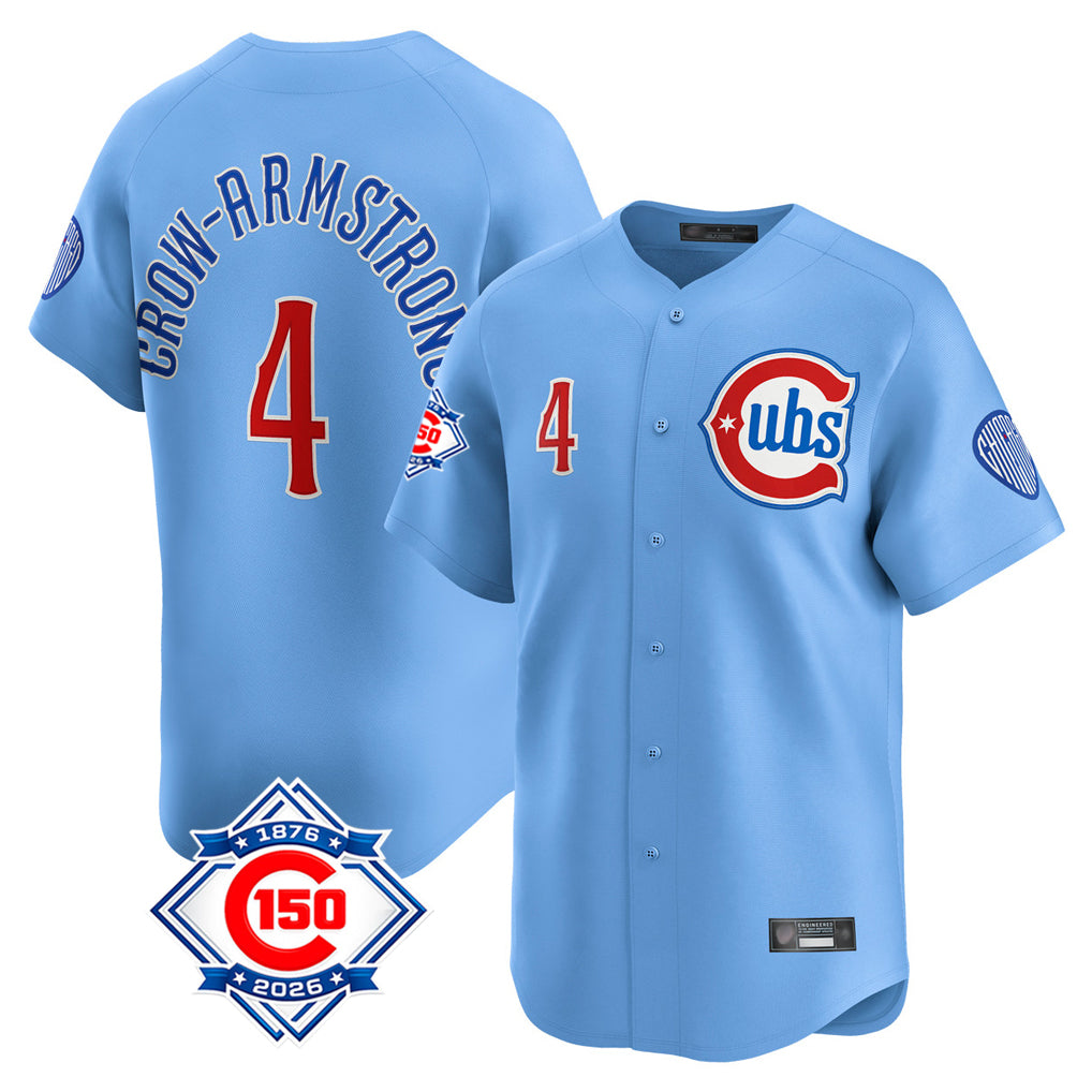 CAdoa C.Cubs #4 Pete Crow-Armstrong Player Light Blue 150th Anniversary Limited Home Stitched Jerseys