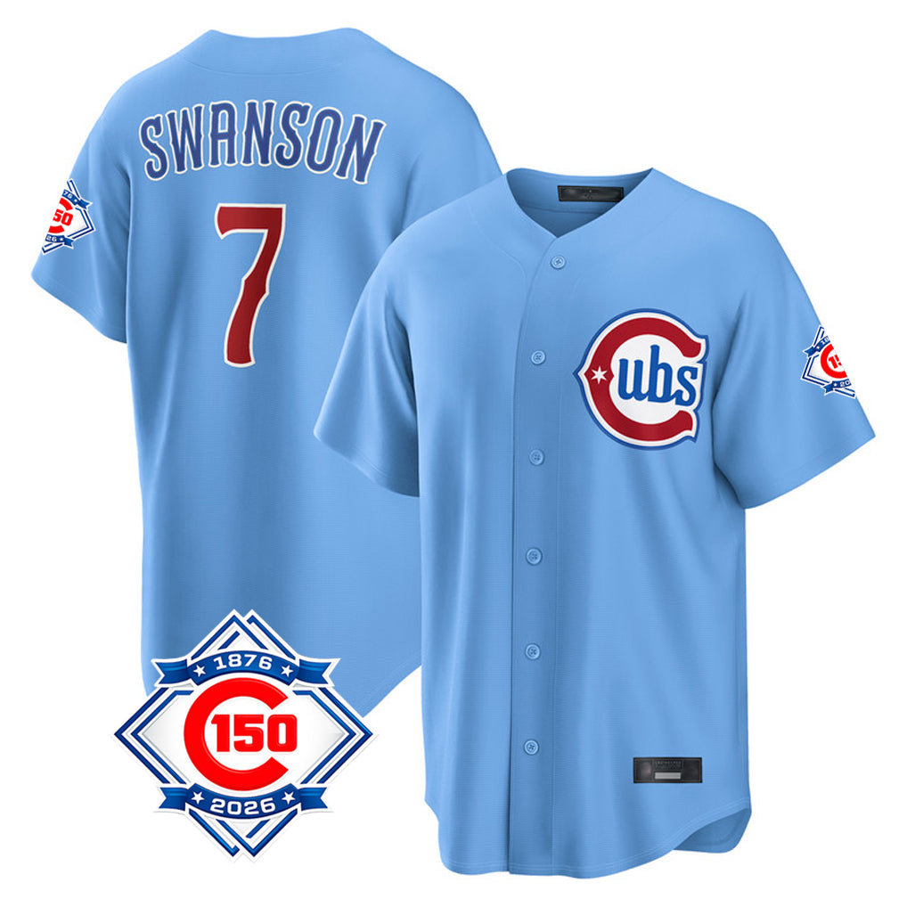 CAdoa C.Cubs #7 Dansby Swanson Player Light Blue 150th Anniversary Home Game Stitched Jerseys