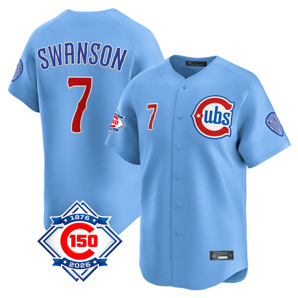 CAdoa C.Cubs #7 Dansby Swanson Player Light Blue 150th Anniversary Limited Home Stitched Jerseys