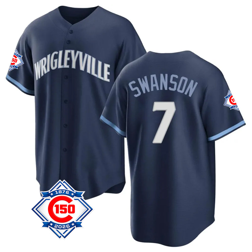 CAdoa C.Cubs #7 Dansby Swanson Player Navy 150th Anniversary City Connect Home Game Stitched Jerseys