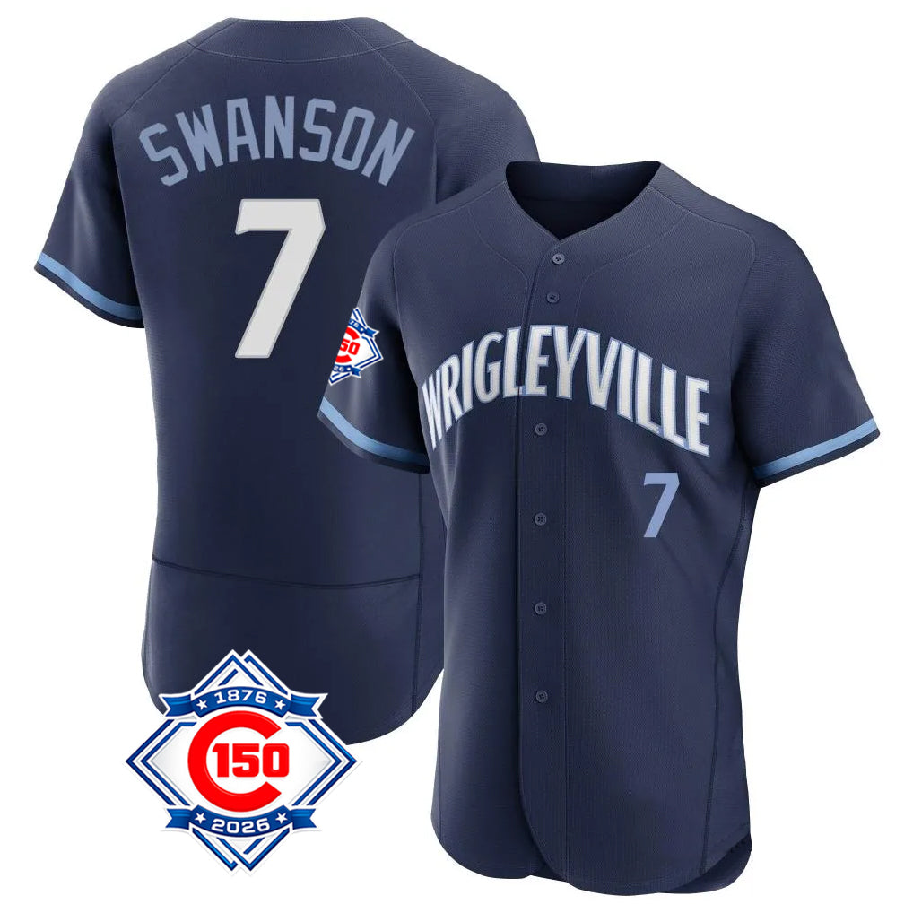 CAdoa C.Cubs #7 Dansby Swanson Player Navy City Connect 150th Anniversary Limited Elite Home Stitched Jerseys