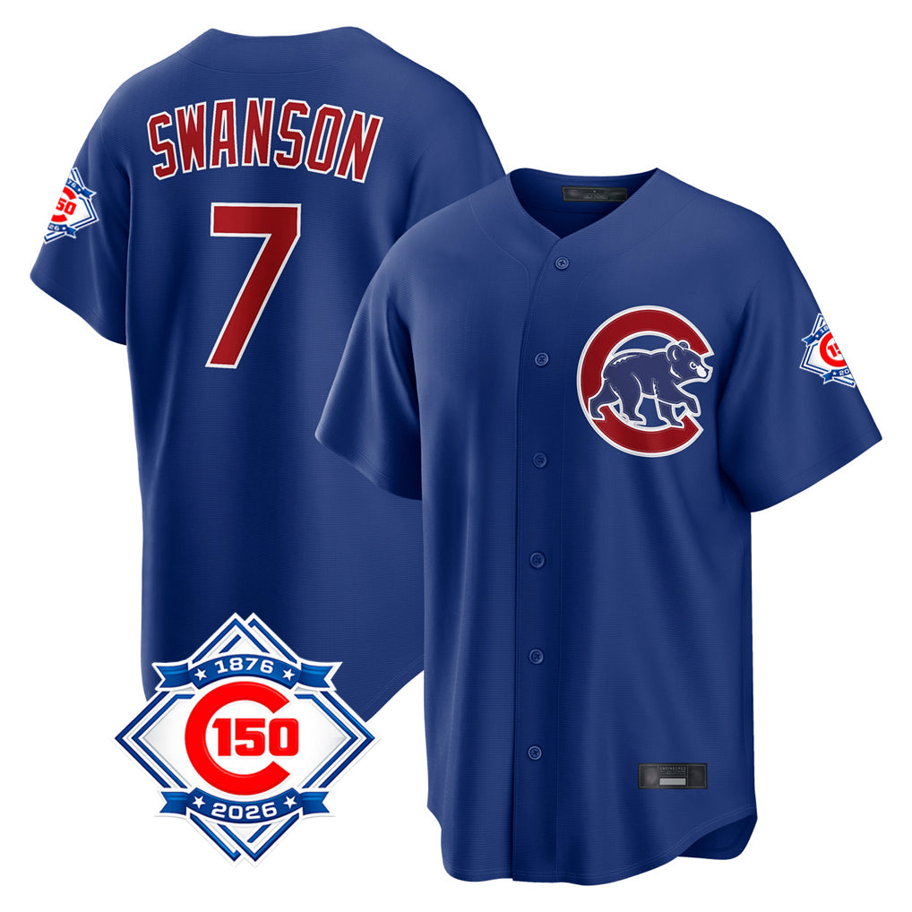 CAdoa C.Cubs #7 Dansby Swanson Player Royal 150th Anniversary Home Game Stitched Jerseys