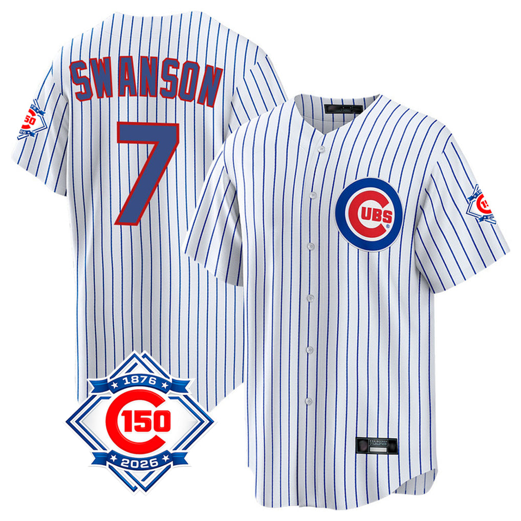 CAdoa C.Cubs #7 Dansby Swanson Player White 150th Anniversary Home Game Stitched Jerseys