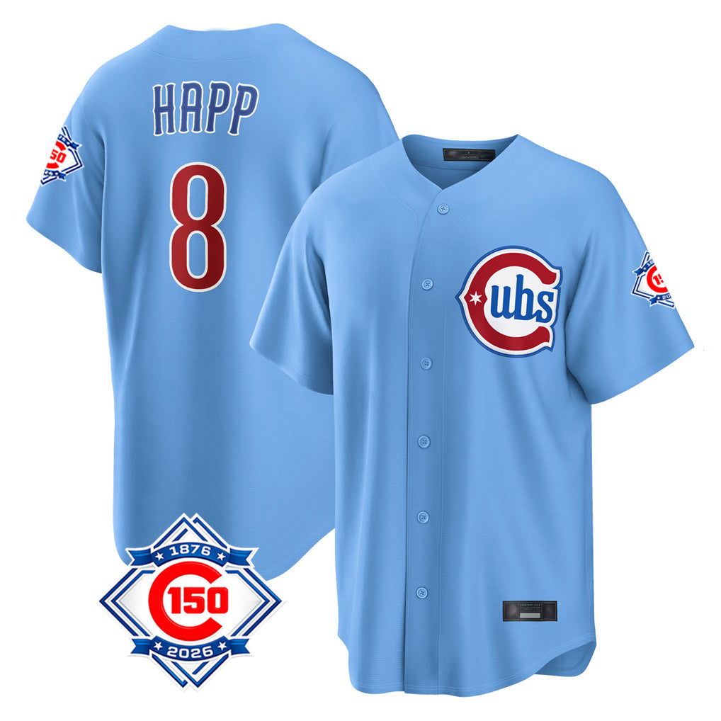 CAdoa C.Cubs #8 Ian Happ Player Light Blue 150th Anniversary Home Game Stitched Jerseys