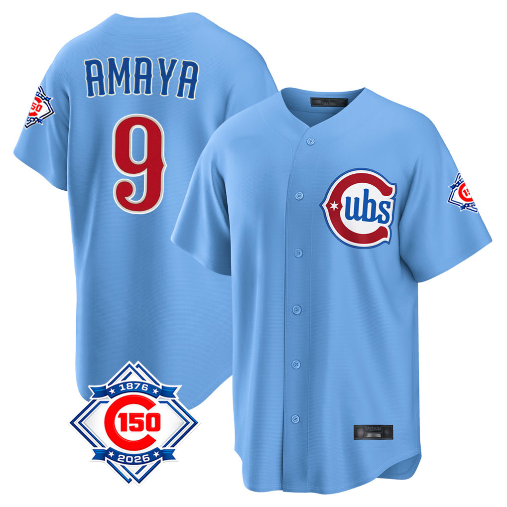 CAdoa C.Cubs #9 Miguel Amaya Player Light Blue 150th Anniversary Home Game Stitched Jerseys