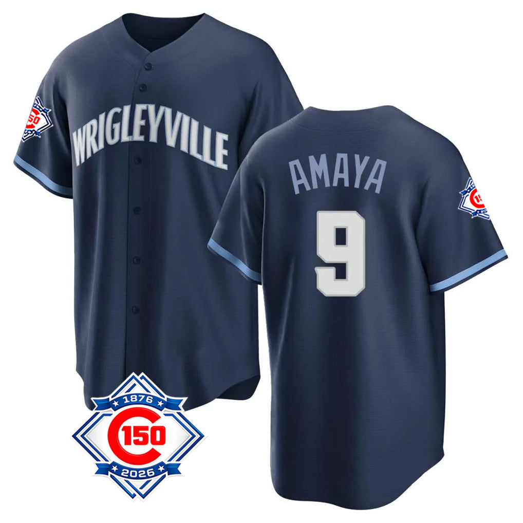 CAdoa C.Cubs #9 Miguel Amaya Player Navy 150th Anniversary City Connect Home Game Stitched Jerseys