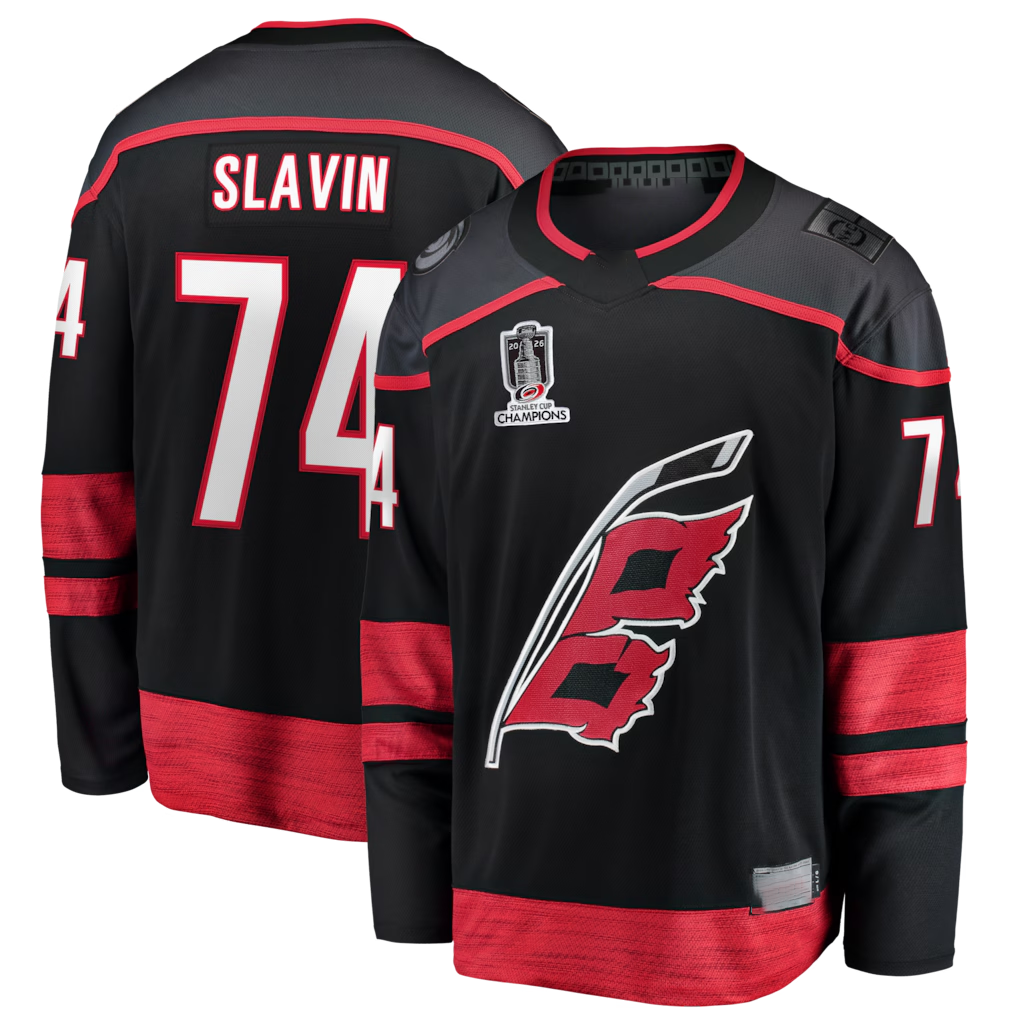 CAdoa C.Hurricanes #74 Jaccob Slavin Black 2026 Stanley Cup Champions Home Breakaway Stitched Jerseys