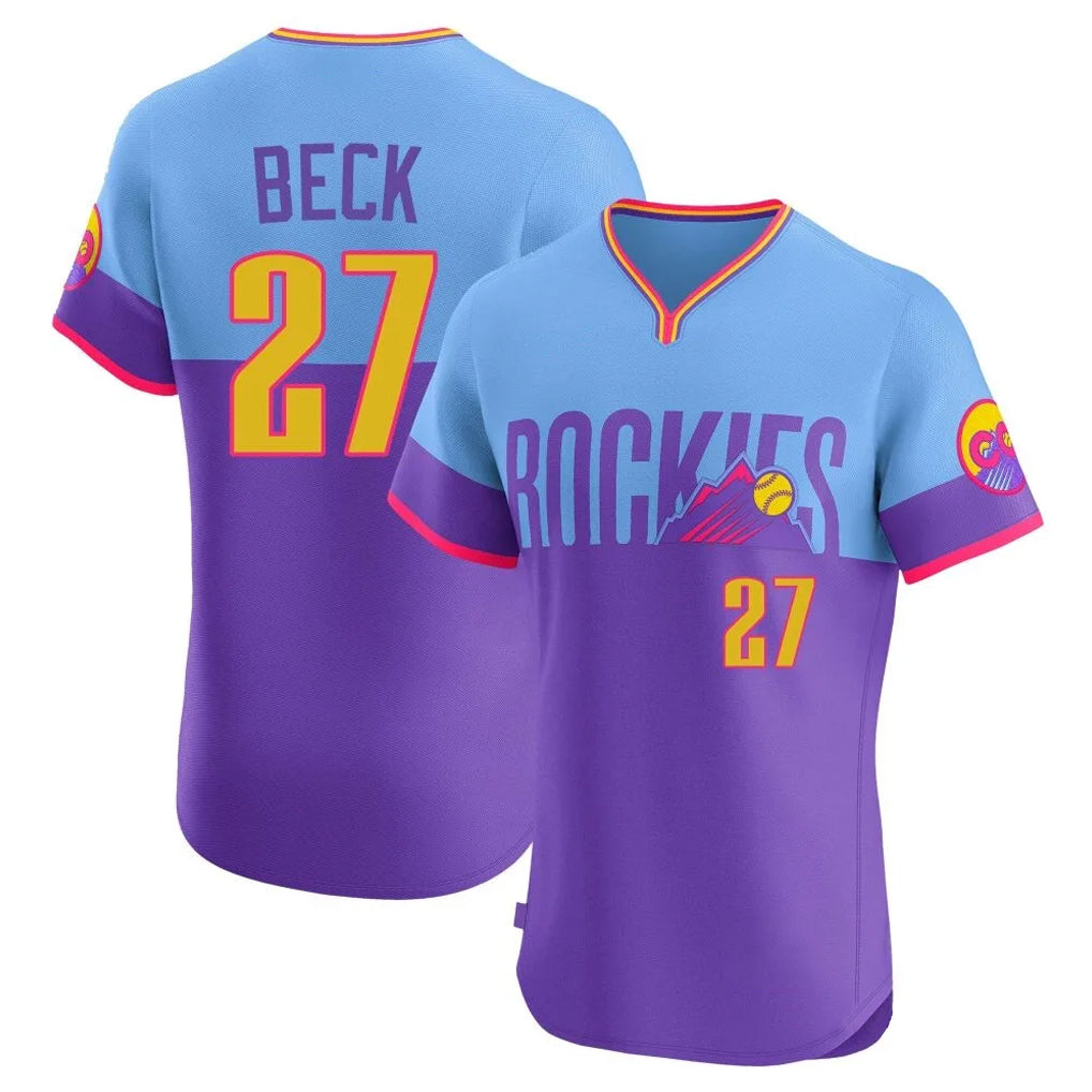 CAdoa C.Rockies #27 Jordan Beck Player Purple-Light Blue City Connect Limited Elite Home T-shirt Stitched Jerseys