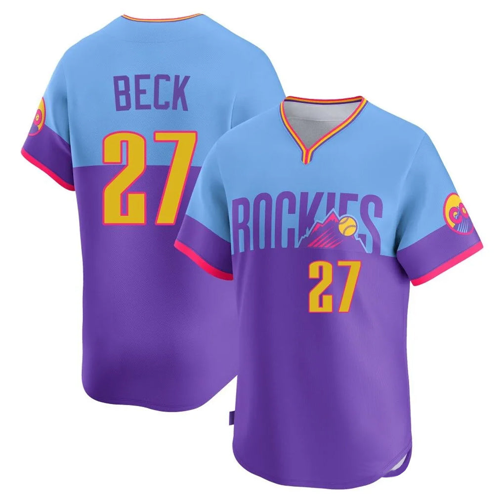 CAdoa C.Rockies #27 Jordan Beck Player Purple-Light Blue City Connect Limited Home T-shirt Stitched Jerseys